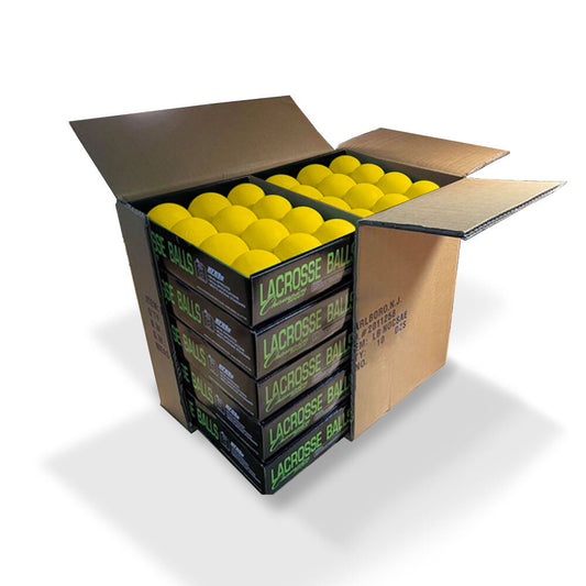 10 packs of one dozen lacrosse balls in yellow packaged in one box by Champion Sports