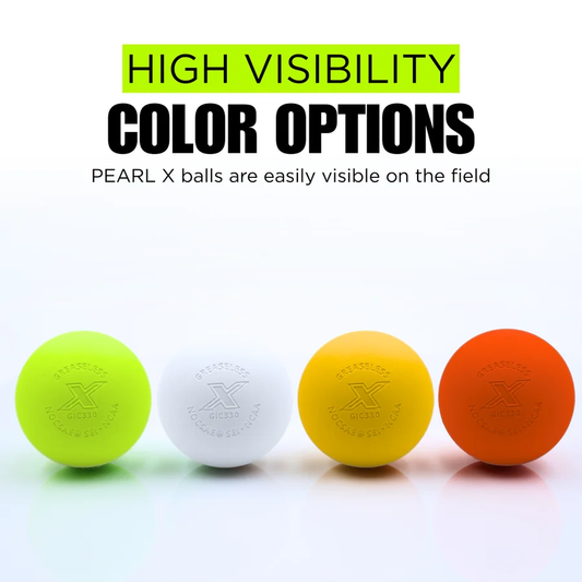 A case of 100 PEARL X Lacrosse Balls - Optic Yellow (Fluorescent Game Lacrosse Ball), White, Yellow, Orange