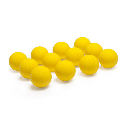 12 yellow lacrosse balls made from durable molded rubber by Champion Sports