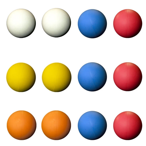 12 lacrosse balls in assorted colors which includes two white, two yellow, two orange, three red and three blue