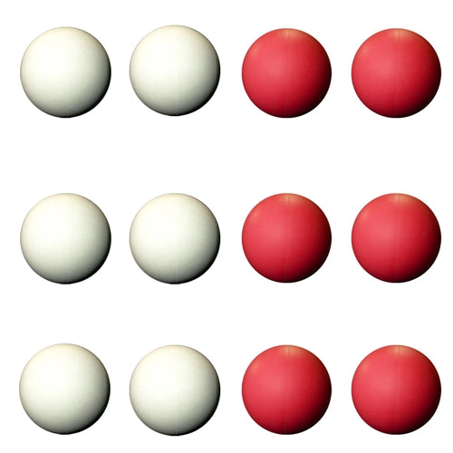 12 lacrosse balls in assorted colors which includes six white and six red lacrosse balls divided into three rows
