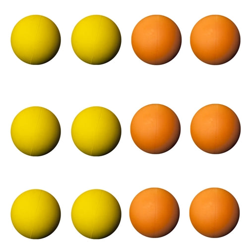 12 lacrosse balls in assorted colors which includes six yellow and six orange lacrosse balls divided into three rows