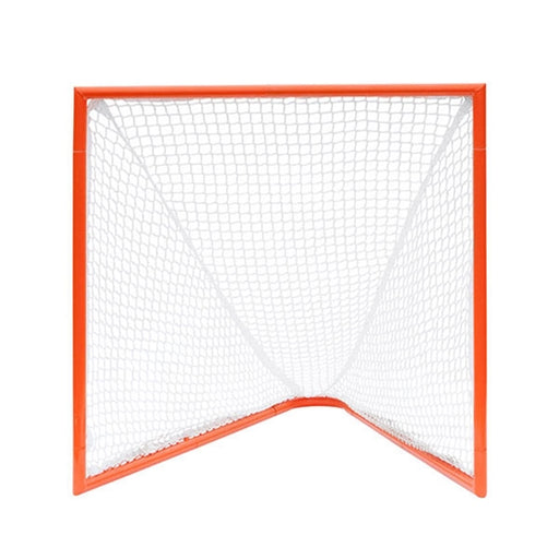 Front view of a single 4 feet by 4 feet box lacrosse goal with orange frame and white net