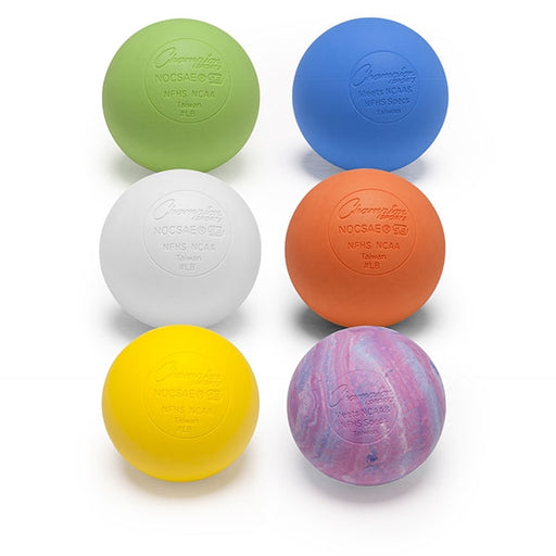 6 lacrosse balls in assorted colors in White, Blue, Orange, Yellow, Green and Multi colored ball