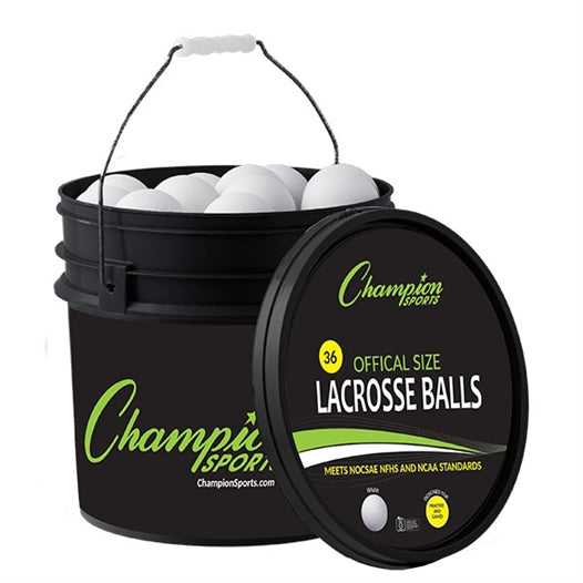 36 white lacrosse balls in a black bucket with open top lid from Champion Sports