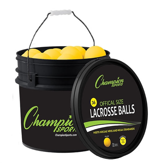 36 yellow lacrosse balls in a black bucket with open top lid from Champion Sports