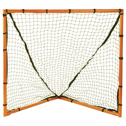 Front view of a single 4 feet by 4 feet backyard tailgate lacrosse goal with orange frame and white net attached with velcro strap to the frame