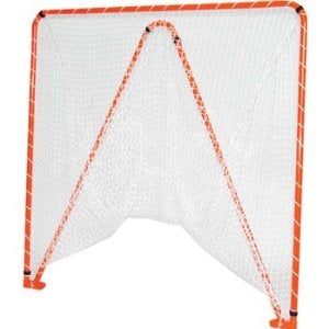 Folded single 6 feet by 6 folding backyard lacrosse goal with orange frame and white net