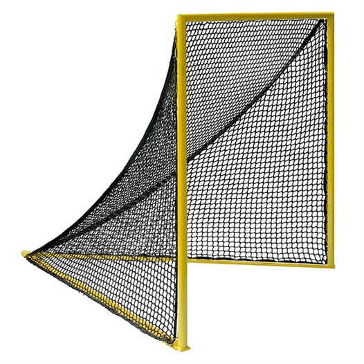 Partial left side view of a singe 6 feet by 6 feet pro lacrosse goal with yellow frame and black net