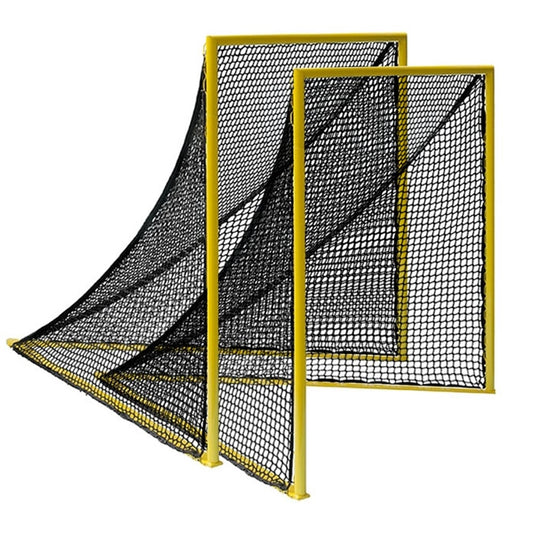 Partial left side view of a pair of 6 feet by 6 feet pro lacrosse goal with yellow frame and black net