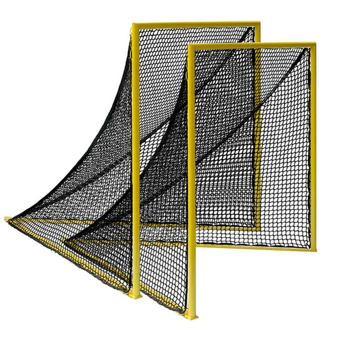 Partial left side view of a pair of 6 feet by 6 feet pro lacrosse goal with yellow frame and black net