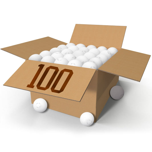 White lacrosse balls in a box with the number 100 written in front of the box