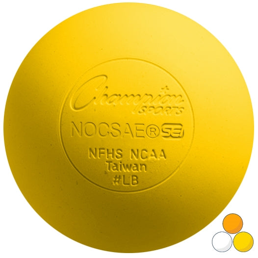 One lacrosse ball in yellow made from molded rubber by Champion Sports