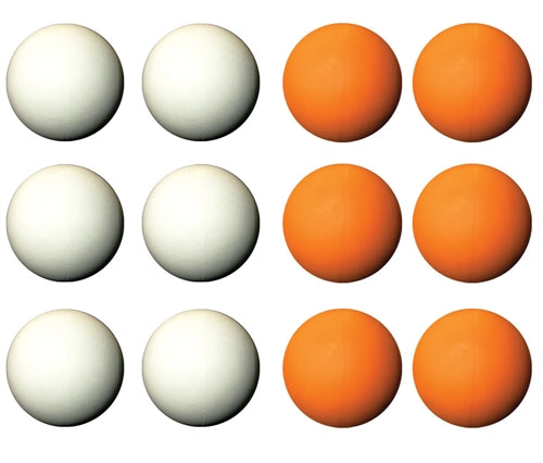 12 lacrosse balls in assorted colors which includes six white and six red lacrosse balls divided into three rows