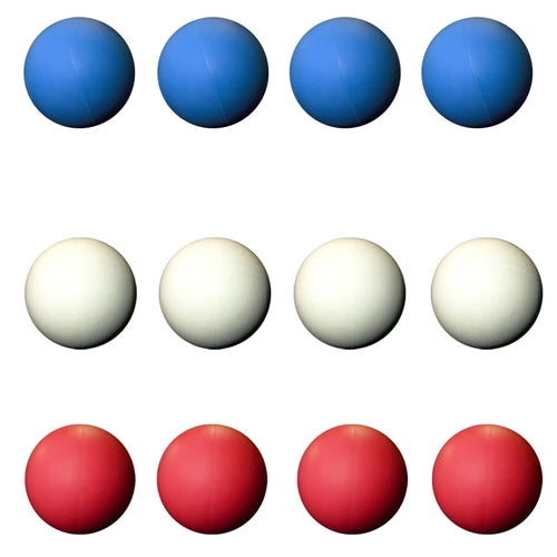 12 lacrosse balls in assorted colors which includes four blue, for white and four red lacrosse balls divided into three rows