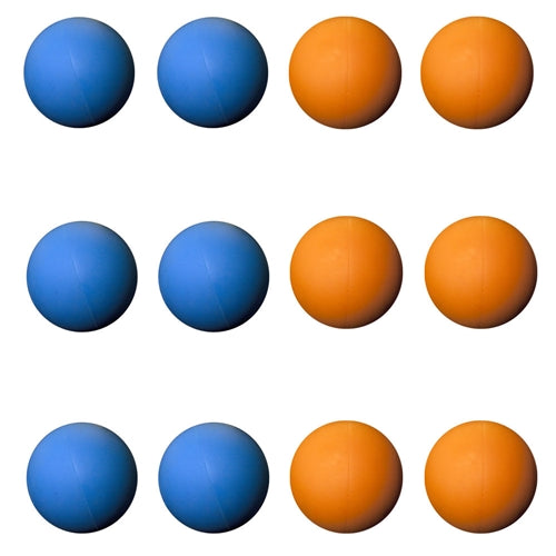 12 lacrosse balls in assorted colors which includes six blue and six orange lacrosse balls divided into three rows