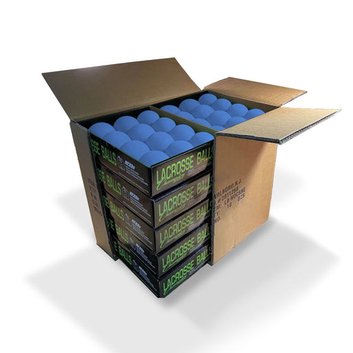 10 packs of one dozen lacrosse balls in blue packaged in one box by Champion Sports