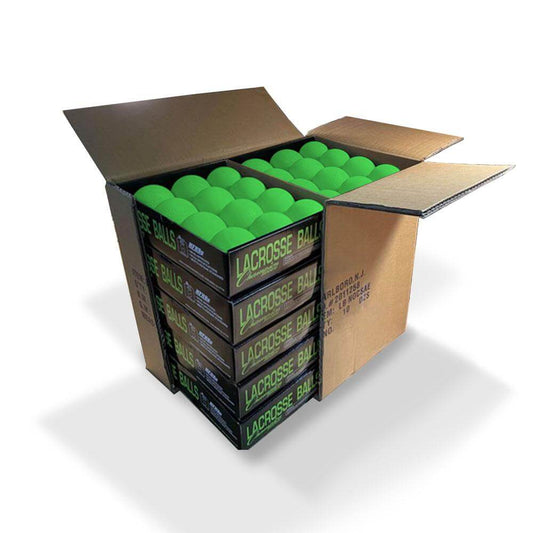 10 packs of one dozen lacrosse balls in neon green packaged in one box by Champion Sports