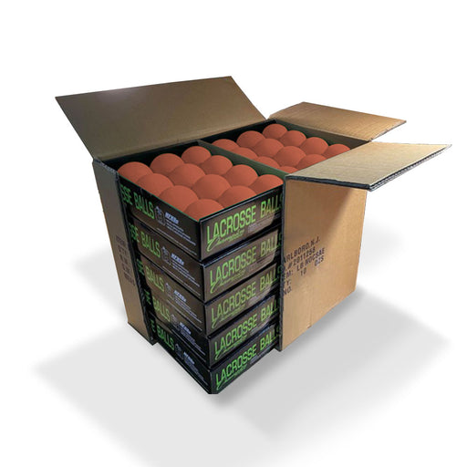 10 packs of one dozen low bounce lacrosse balls in orange packaged in one box by Champion Sports