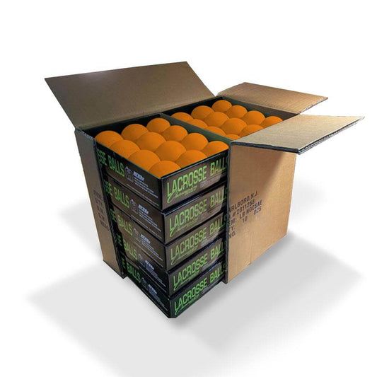 10 packs of one dozen lacrosse balls in orange packaged in one box by Champion Sports