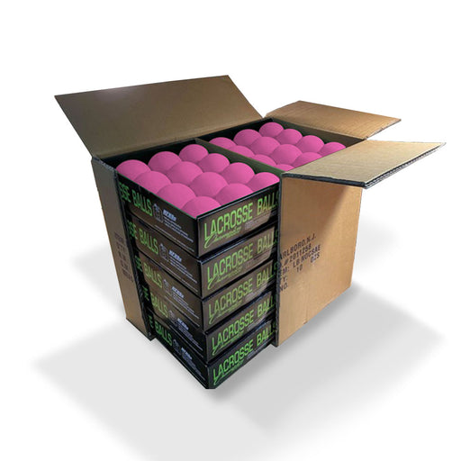 10 packs of one dozen lacrosse balls in neon pink packaged in one box by Champion Sports