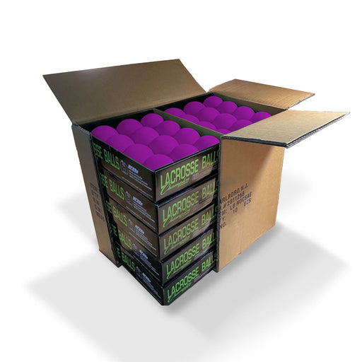 10 packs of one dozen lacrosse balls in neon purple packaged in one box by Champion Sports