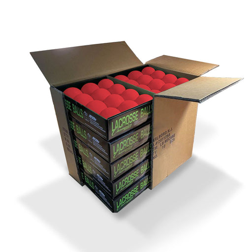 10 packs of one dozen lacrosse balls in red packaged in one box by Champion Sports
