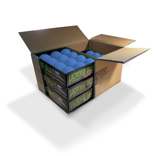 5 packs of one dozen lacrosse balls in blue packaged in one box by Champion Sports