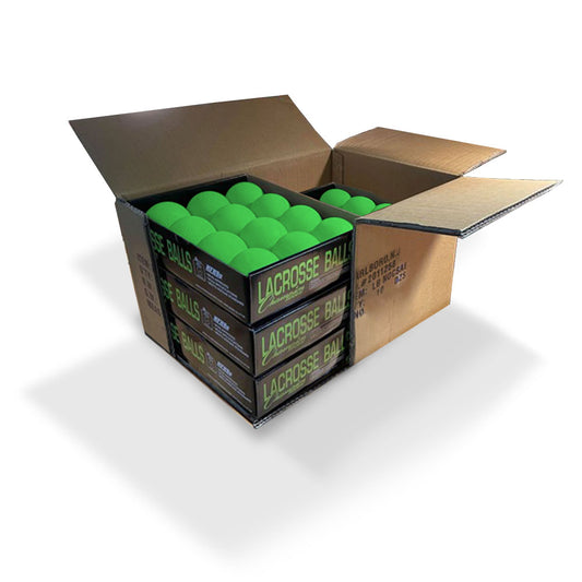 5 packs of one dozen lacrosse balls in neon green packaged in one box by Champion Sports