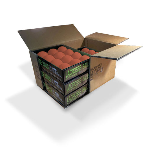 5 packs of one dozen low bounce lacrosse balls in orange packaged in one box by Champion Sports