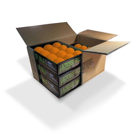 5 packs of one dozen lacrosse balls in orange packaged in one box by Champion Sports