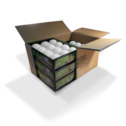 5 packs of one dozen lacrosse balls in white packaged in one box by Champion Sports