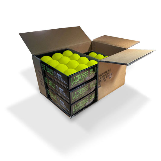 5 packs of one dozen lacrosse balls in yellow packaged in one box by Champion Sports