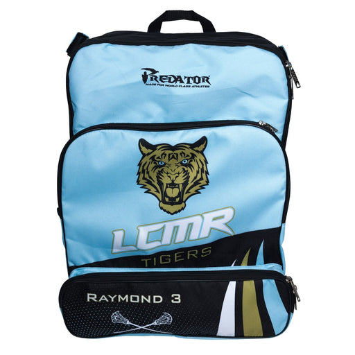 Front view of Custom Sublimated Players Backpack with one main pocket and two outer pockets with optional player name and number in front.