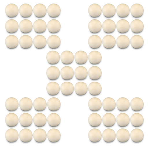 60 white lacrosse balls divided into five groups