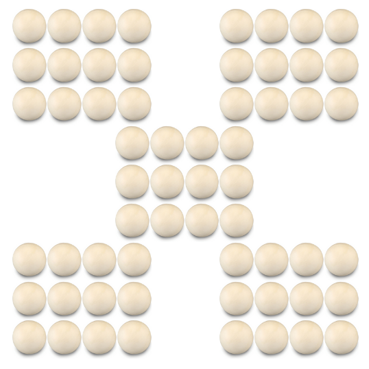 60 white lacrosse balls divided into five groups