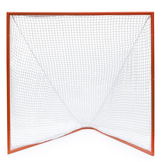 Front view of a single 6 feet by 6 feet by 7 feet competition lacrosse goal with orange frame and white net