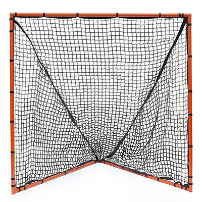 Front view of a single 6 feet by 6 feet backyard lacrosse goal with orange frame and white net