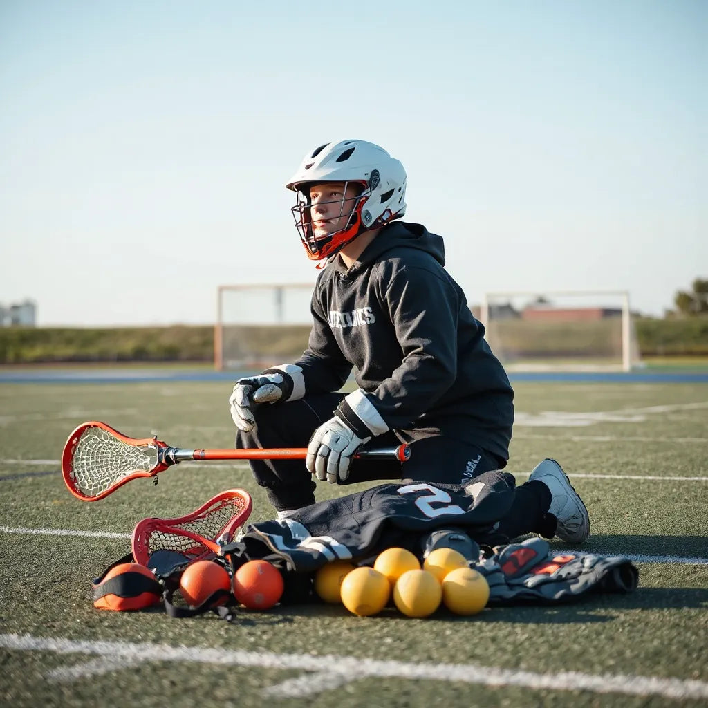 Neatly arranged youth lacrosse gear including a stick, helmet, gloves, and practice balls on a field