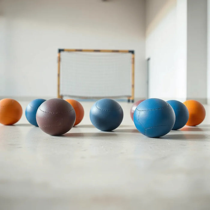 Vulcanized rubber balls with visible texture and uniform finish on a clean practice surface