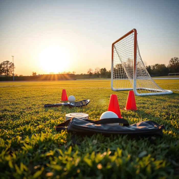 Lacrosse sticks, balls, and field boundary markers laid out beside a goal net on a grass field