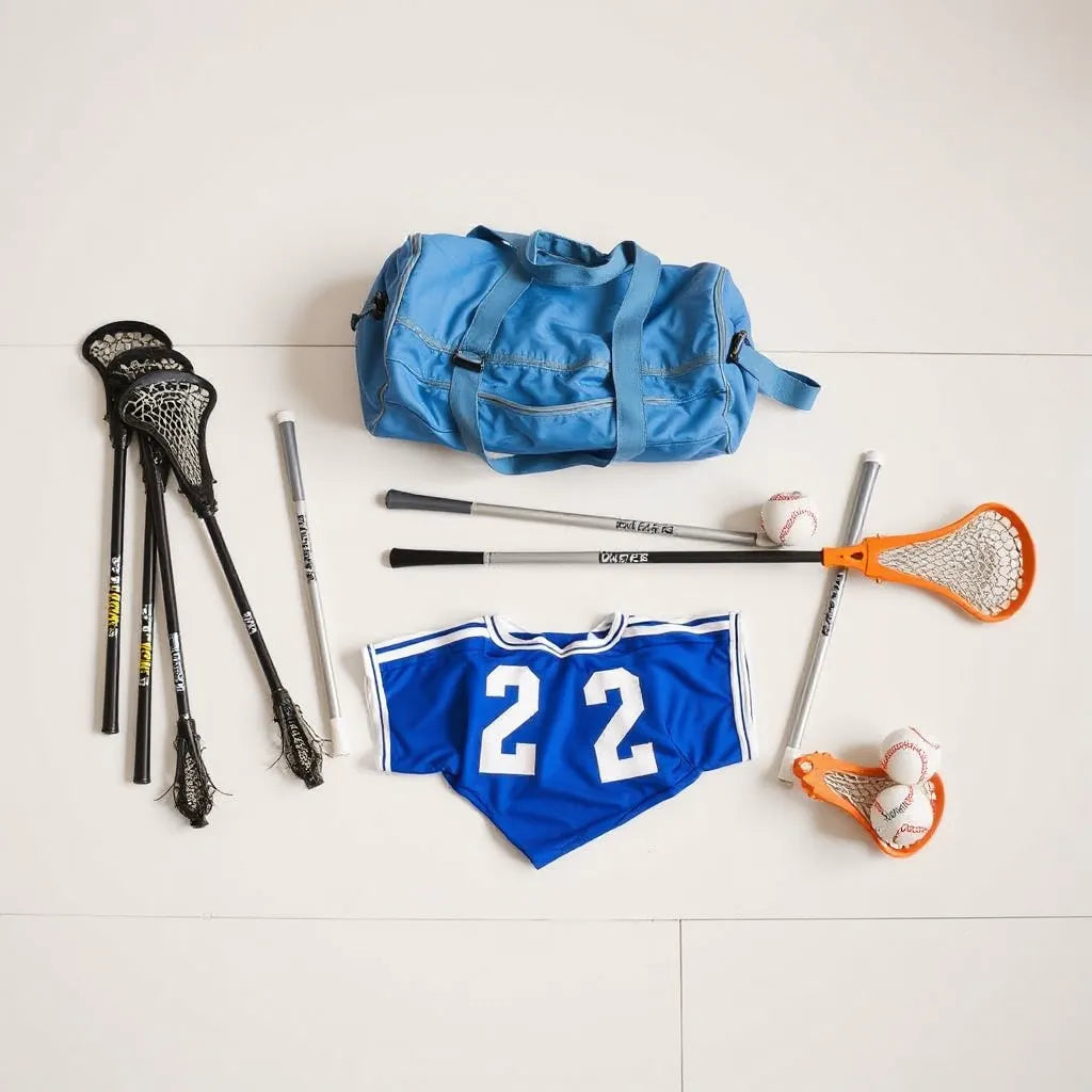 Assorted lacrosse team gear laid out neatly: sticks, protective pads, bags, and balls.