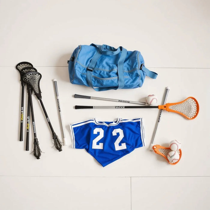 Assorted lacrosse team gear laid out neatly: sticks, protective pads, bags, and balls.