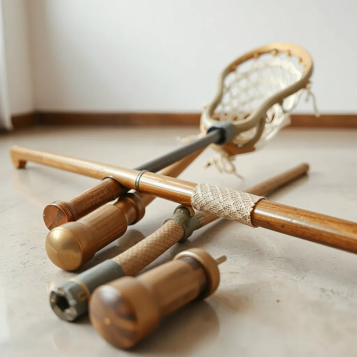 Multiple lacrosse shafts with visible handle wrapping and different finishes in natural lighting