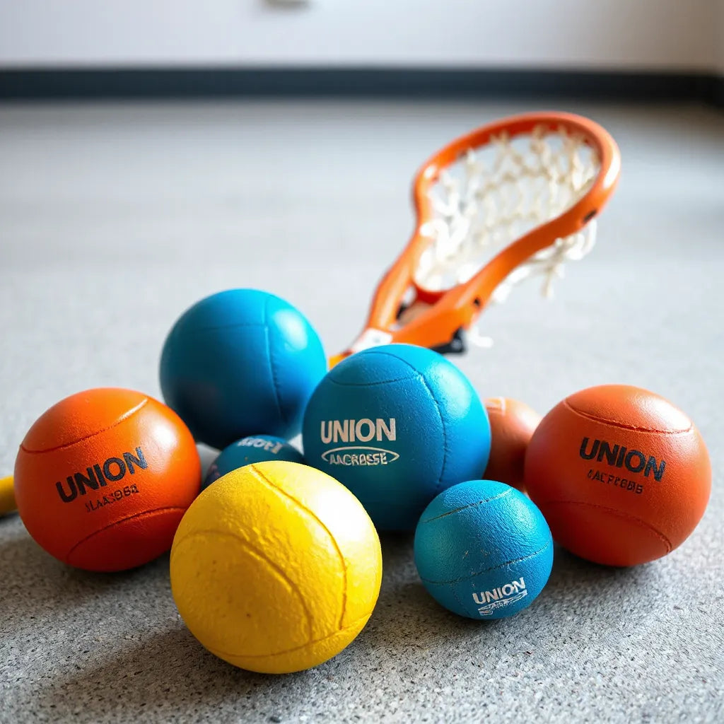 Union lacrosse balls on a training surface beside a lacrosse stick head
