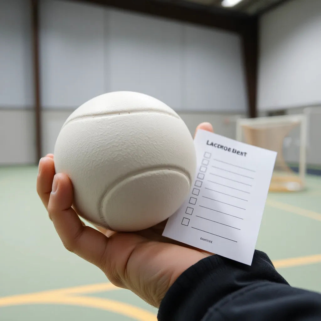 Hand holding a lacrosse ball beside a simple checklist for safety certification checks