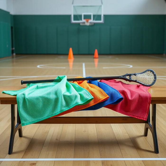 Bright custom lacrosse pinnies with visible mesh fabric texture laid over a bench on an indoor court