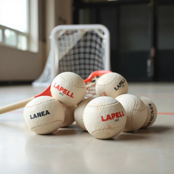 NOCSAE-certified lacrosse balls arranged on a sports floor near a lacrosse stick head