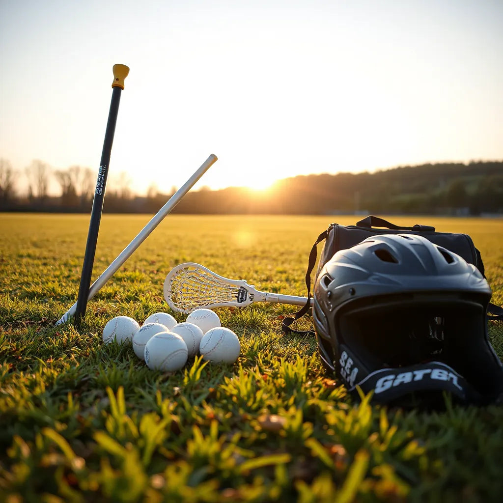 Lacrosse stick, balls, gloves, and helmet arranged neatly on a field
