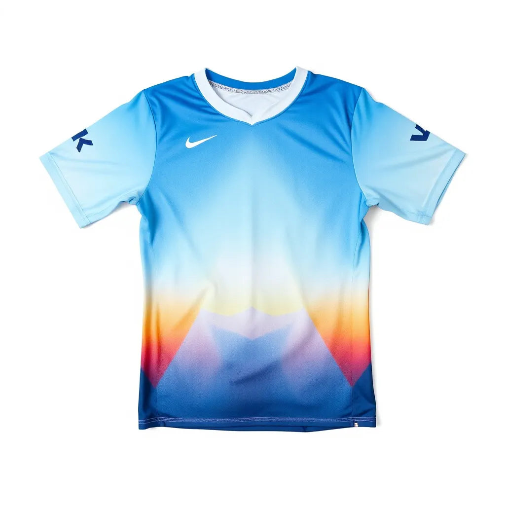 Custom sublimated lacrosse shooter shirt with vivid graphics laid flat on a clean white background